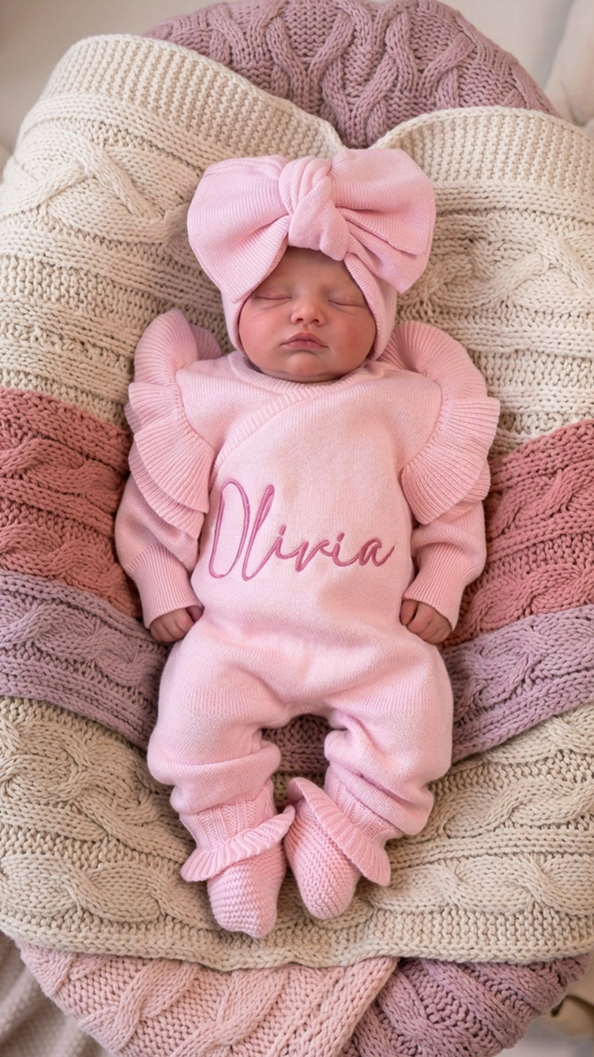Newborn wearing a personalized petal pink Butterfly romper set with matching bow and ruffle booties.