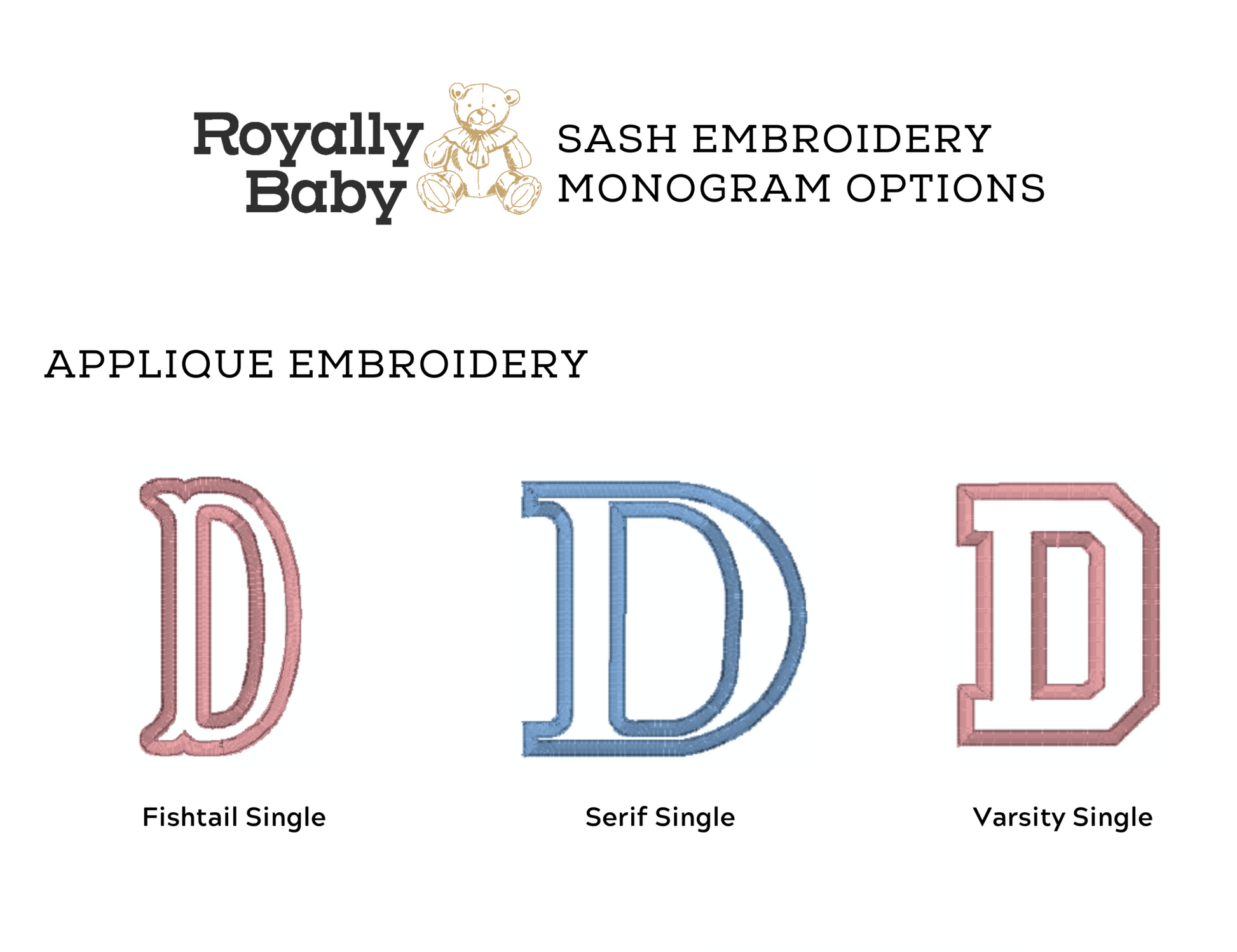 Royally Baby lace gingham applique embroidery chart showing available icon and thread options