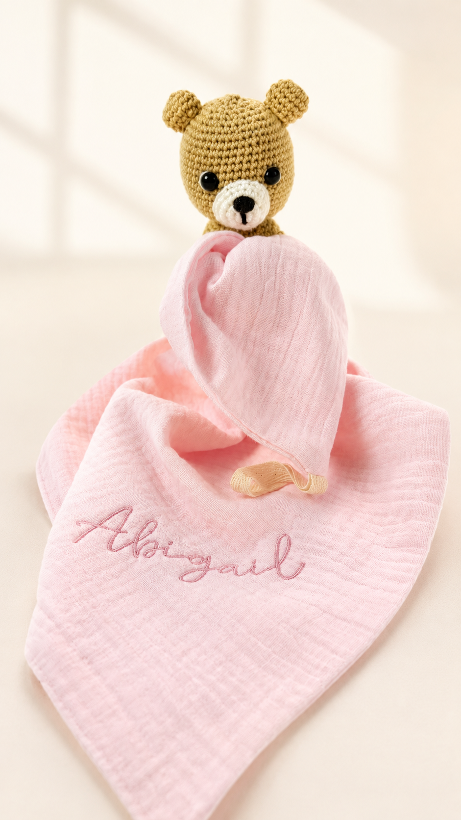 Beau Bear in Biscuit color with matching muslin pacifier lovey