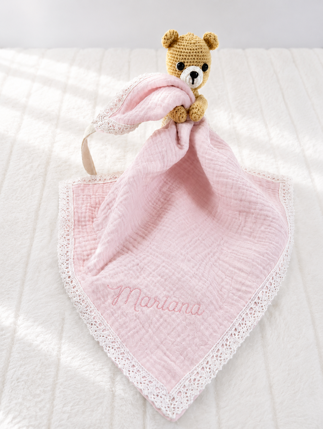 Beau Bear Muslin Pacifier Lovey Set in baby blue with embroidered name