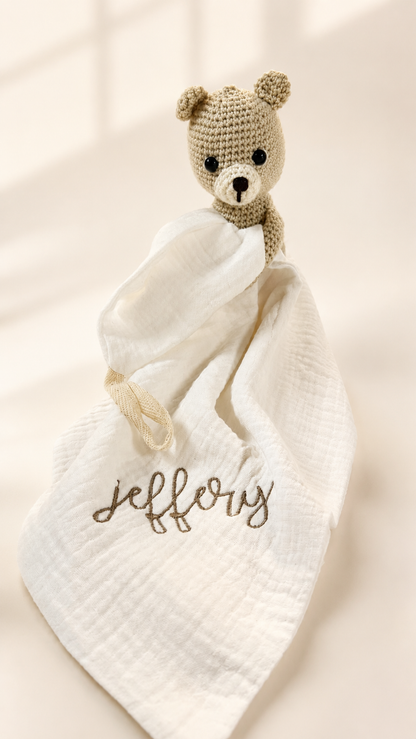 Beau Bear in Choco color with matching muslin pacifier lovey