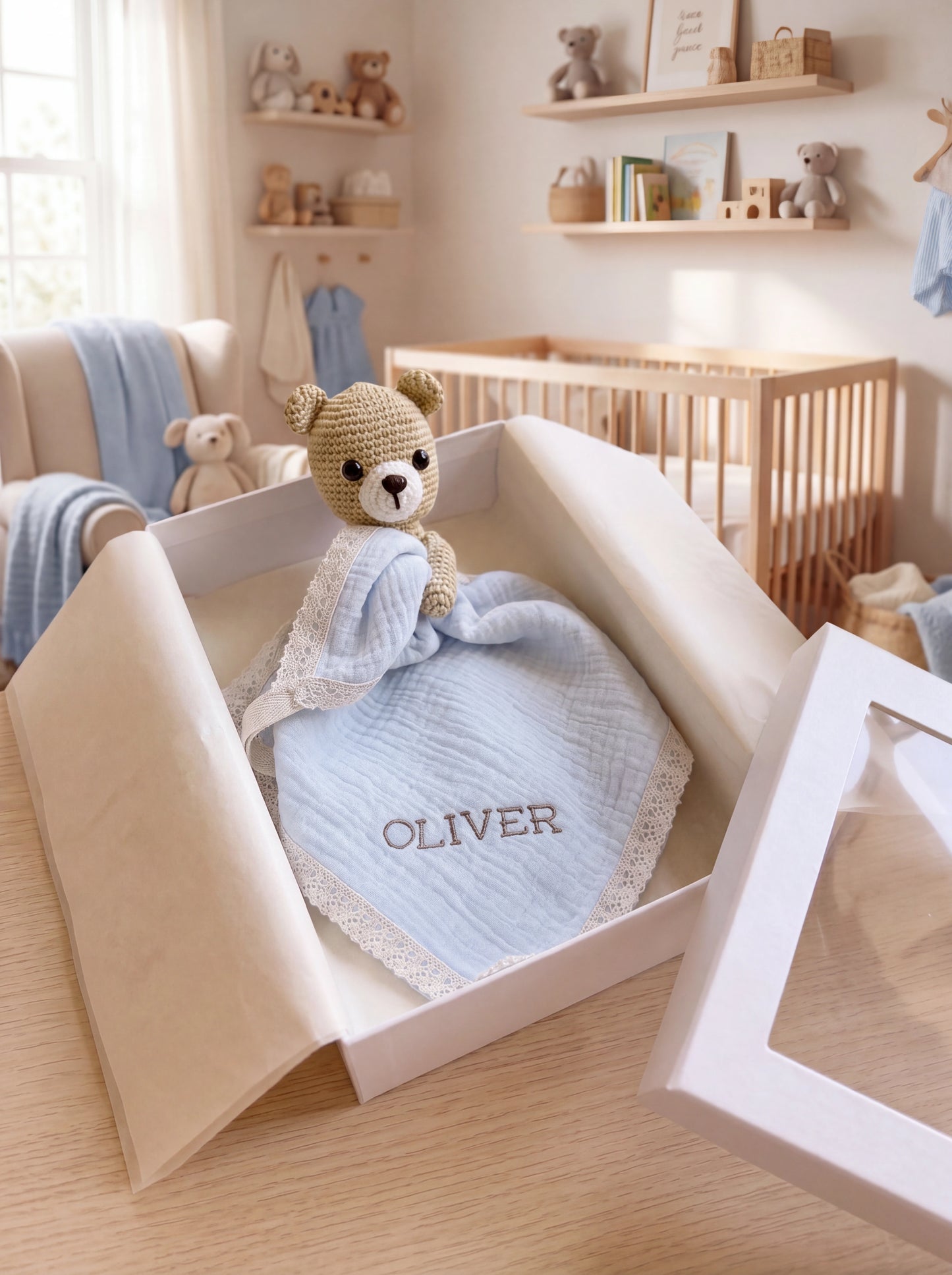 Beau Bear Muslin Pacifier Lovey Set with lace trim detail