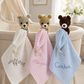 Beau Bear Muslin Pacifier Lovey Set, handmade bear with embroidered muslin lovey