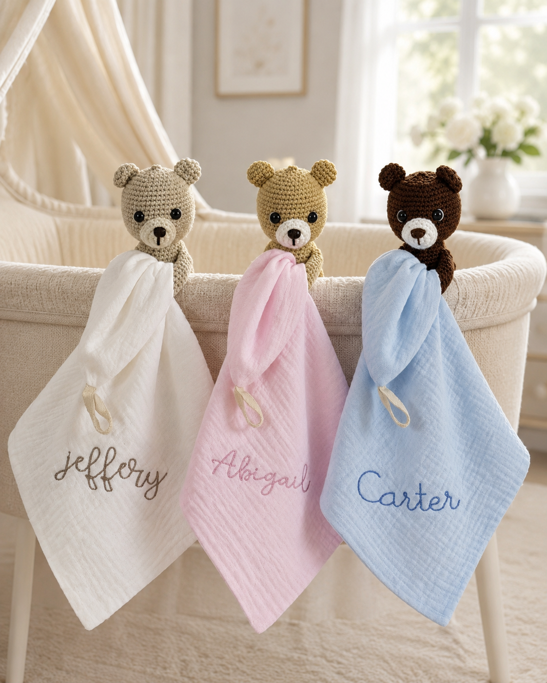 Beau Bear Muslin Pacifier Lovey Set, handmade bear with embroidered muslin lovey