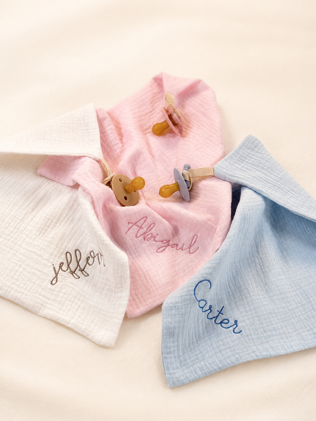 Beau Bear Muslin Pacifier Lovey Set in petal pink with embroidered name