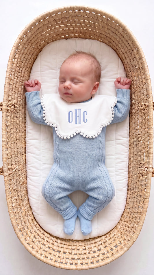 Baby Boy Embroidered Bib Trio, three soft cotton bibs with custom embroidery