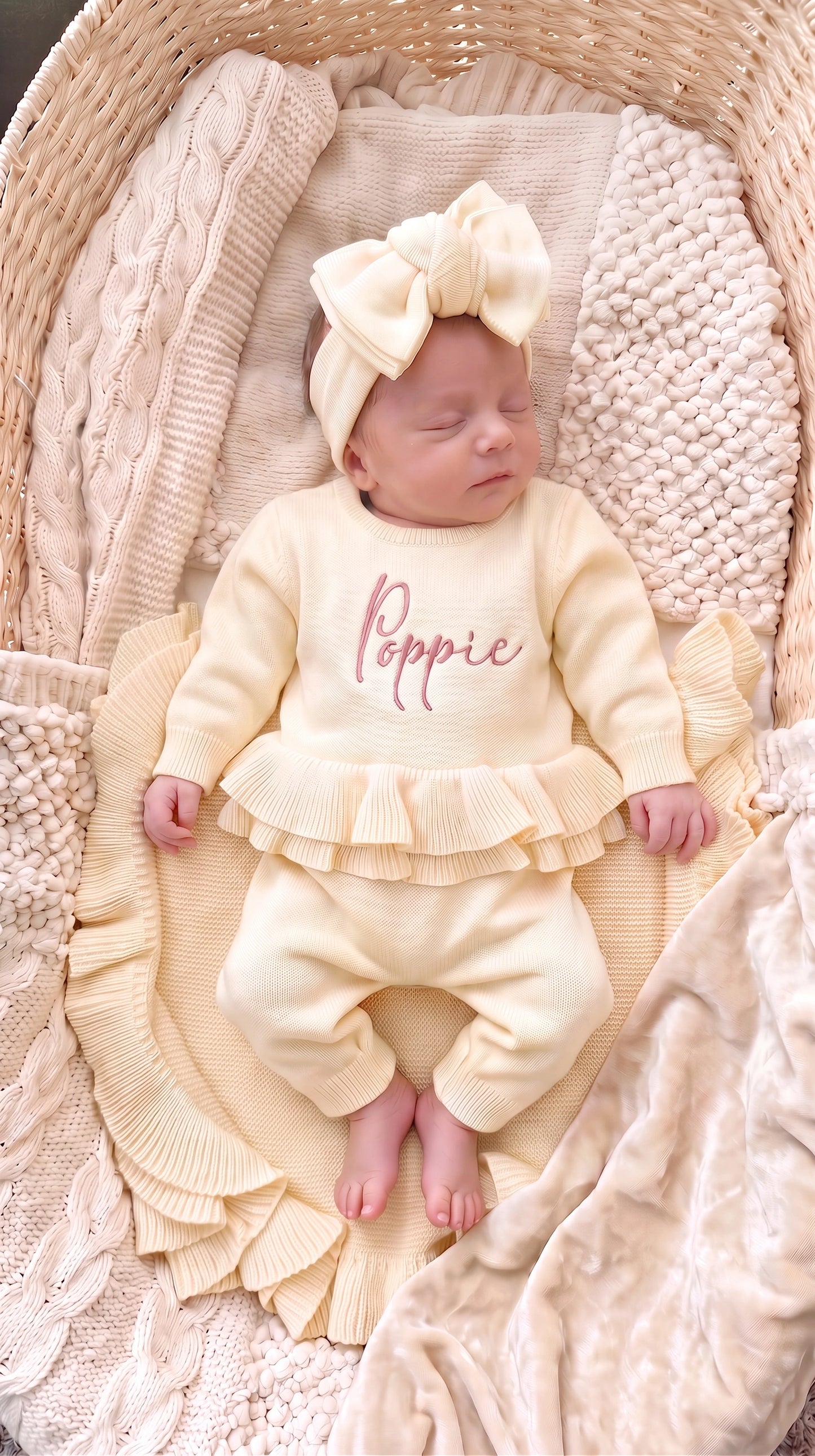 Newborn in a personalized Buttercream Yellow Ballerina long romper embroidered with Poppie and matching bow