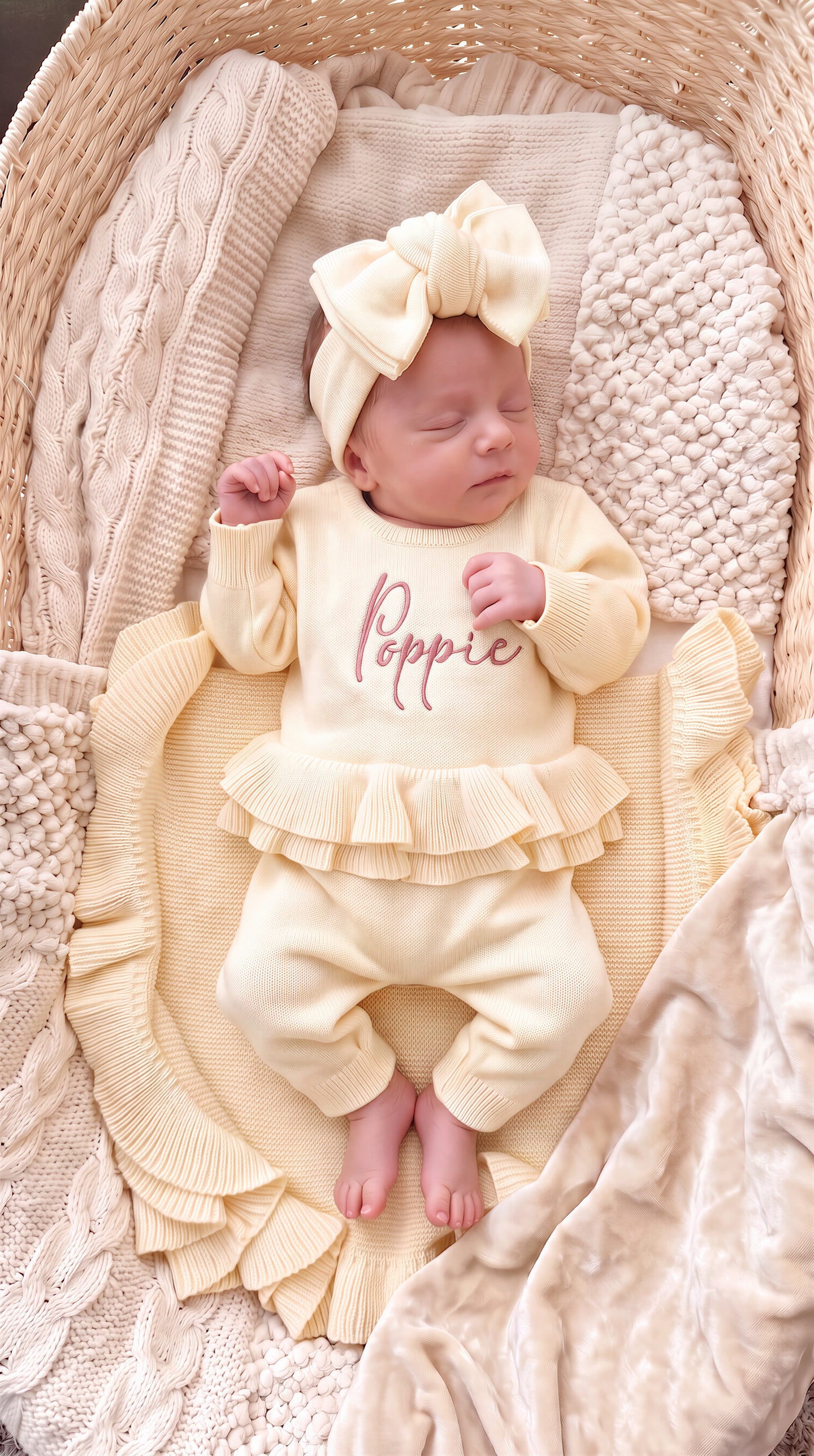 Newborn wearing the personalized Buttercream Yellow Ballerina long romper set with bow and ruffle blanket