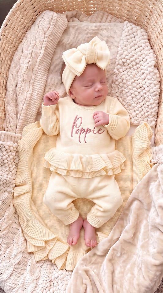 Newborn wearing the personalized Buttercream Yellow Ballerina long romper set with bow and ruffle blanket