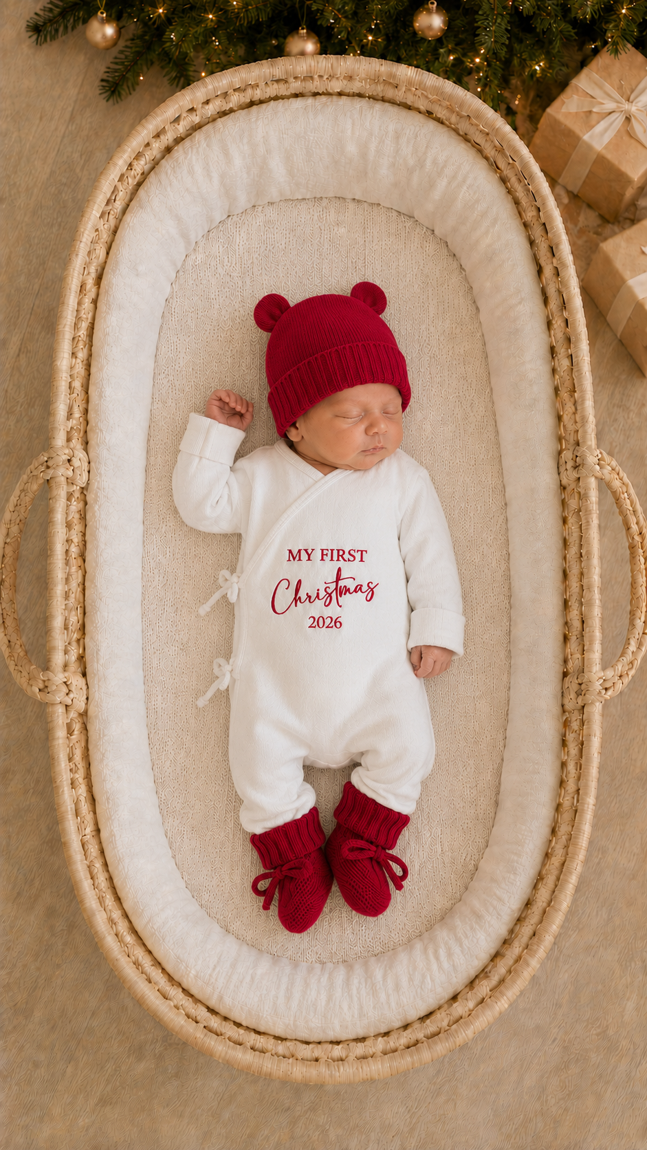 Newborn boy in a Warm White Kimono Christmas romper with bear-ear hat and matching booties