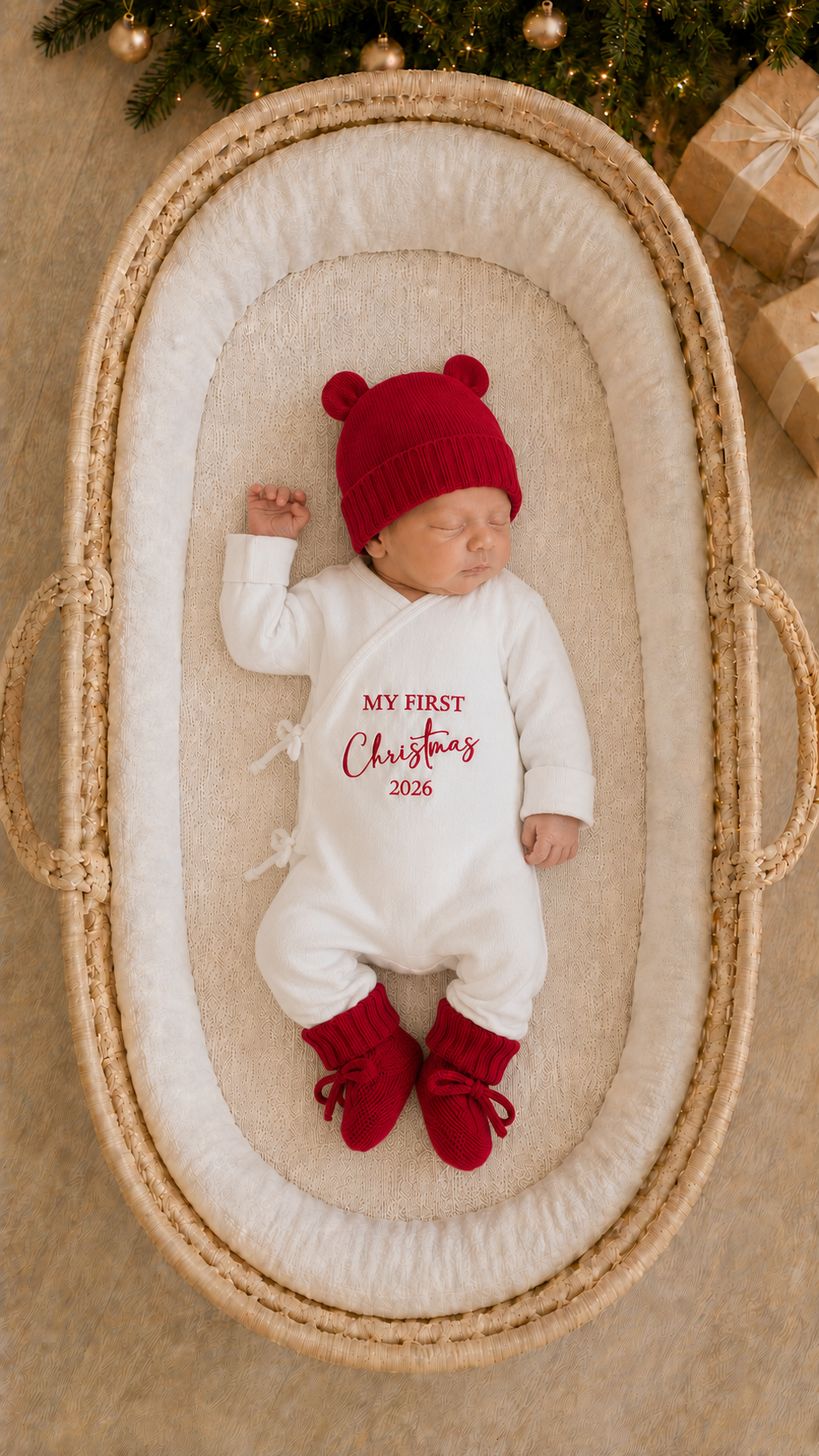 Newborn boy wearing a personalized Christmas romper embroidered My First Christmas with a matching bear-ear hat