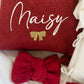 Close-up of embroidered name detail on a personalized Christmas gift sack