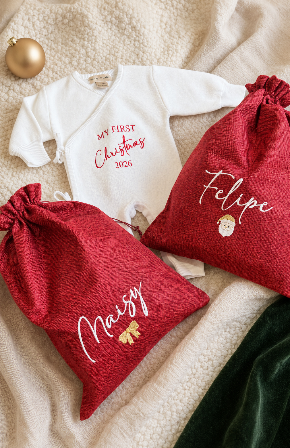 Personalized Christmas gift sack flat lay in deep red woven fabric with embroidered name