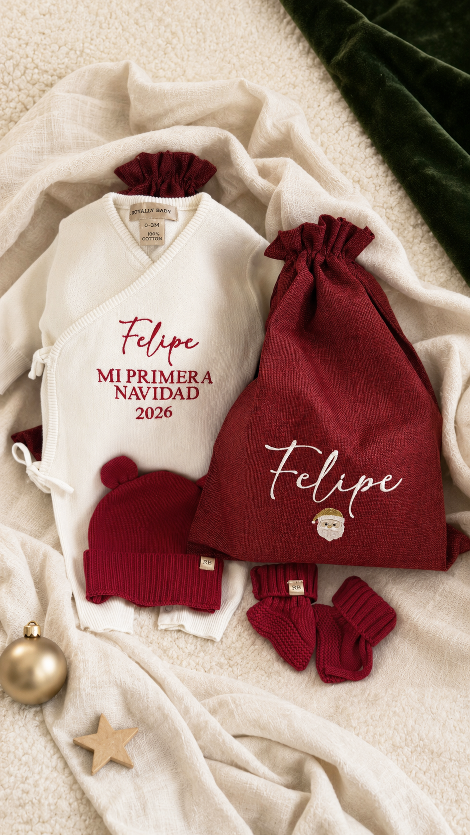 Personalized Christmas gift sack embroidered with a name and finished with a Santa Claus icon