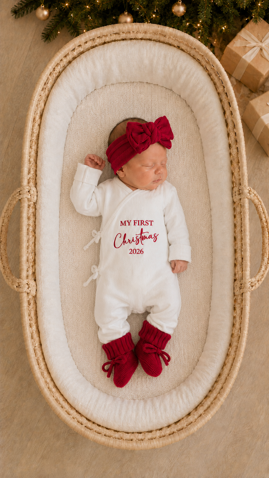 Close-up of My First Christmas embroidery on a newborn girl Christmas romper