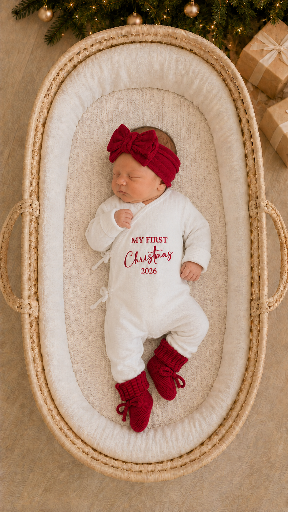 Newborn girl wearing a personalized Christmas romper embroidered My First Christmas with a matching bow