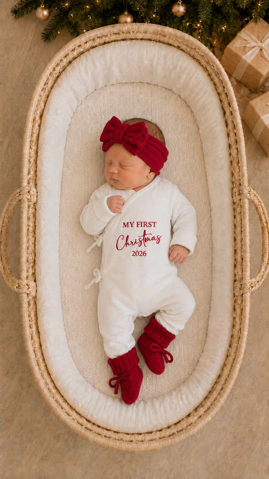 Newborn girl wearing a personalized Christmas romper embroidered My First Christmas with a matching bow