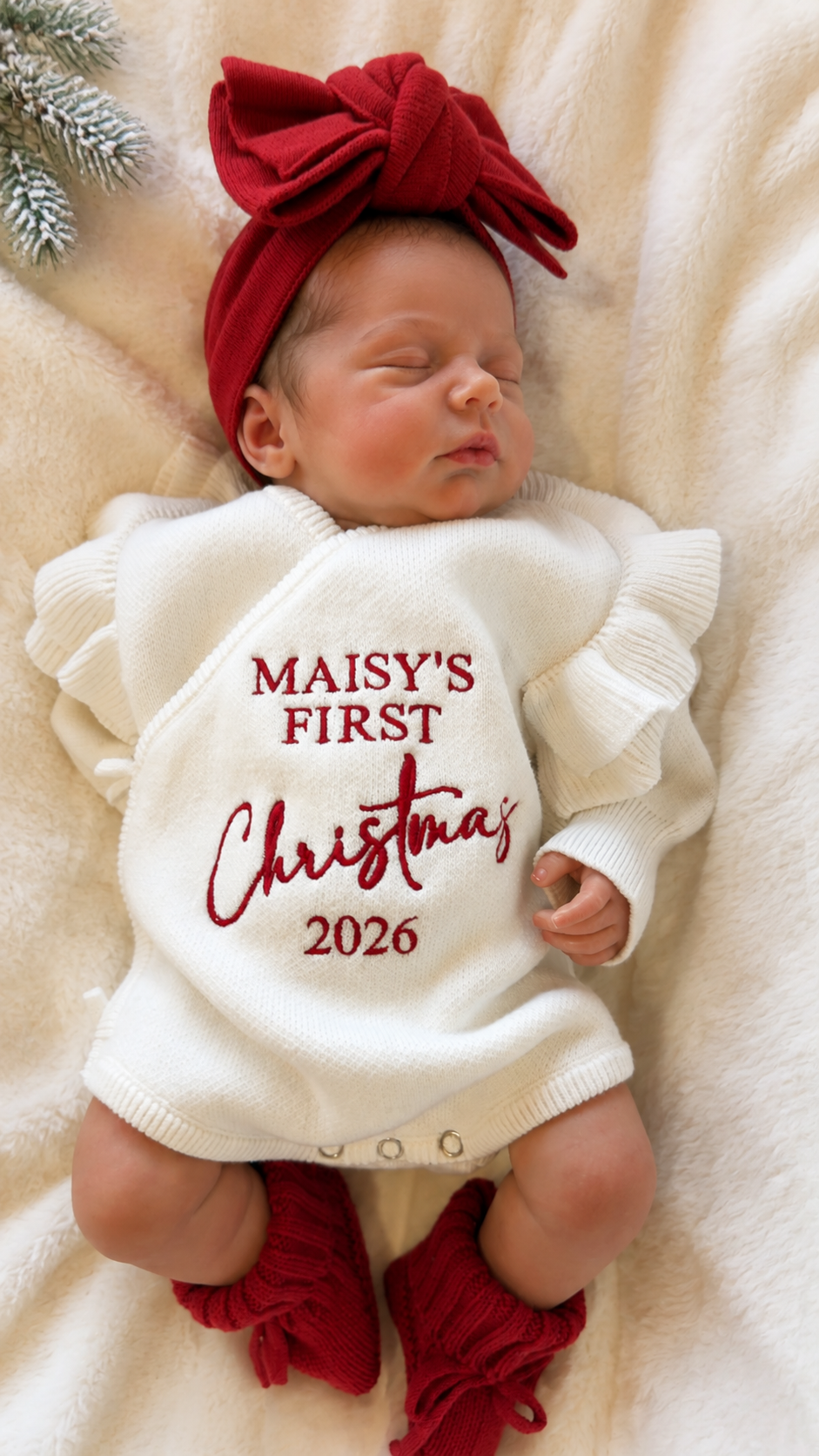 Newborn portrait wearing a personalized romper embroidered Maisy's First Christmas