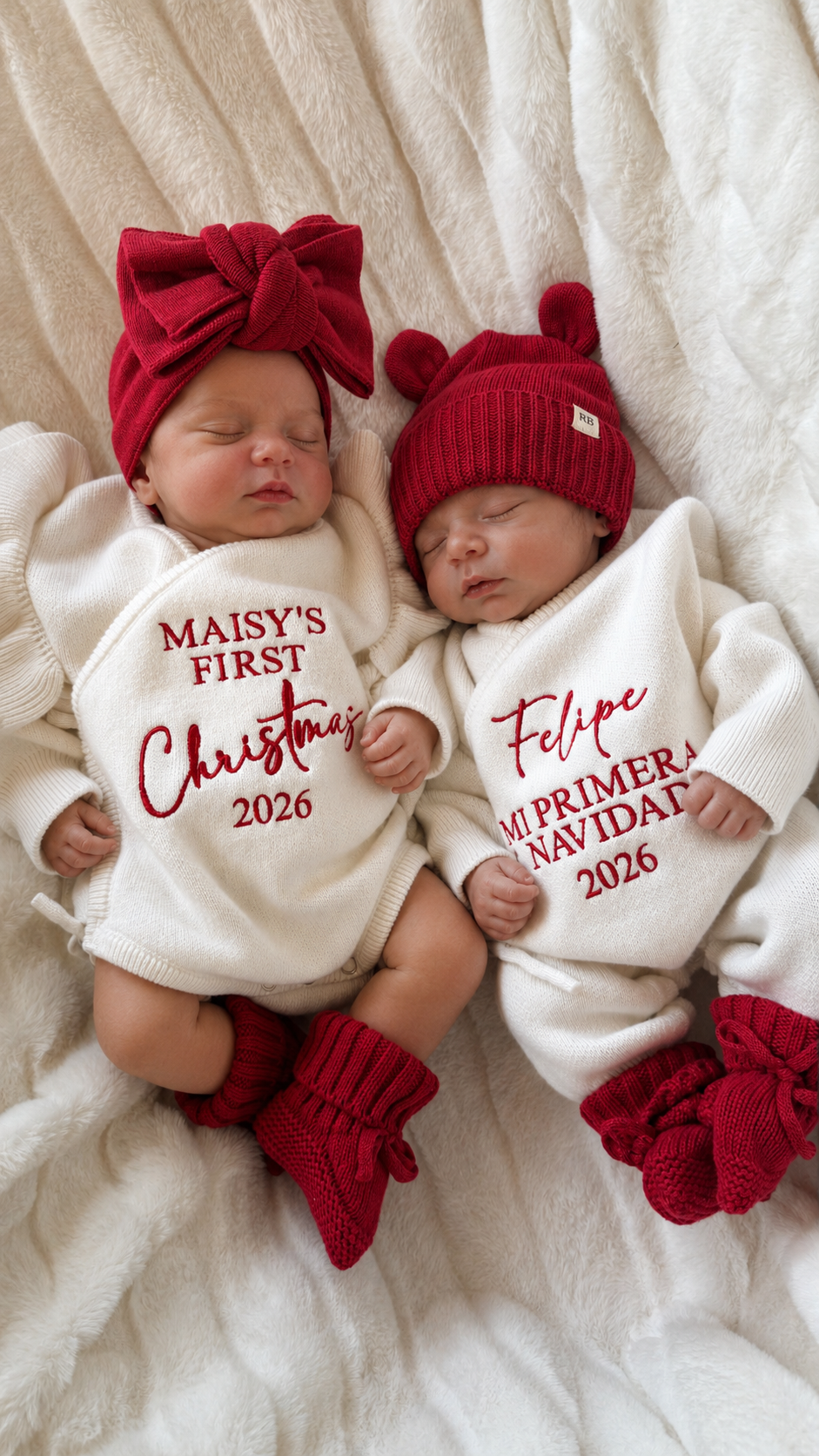 Twin newborns wearing personalized Christmas rompers embroidered with their names in English and Spanish