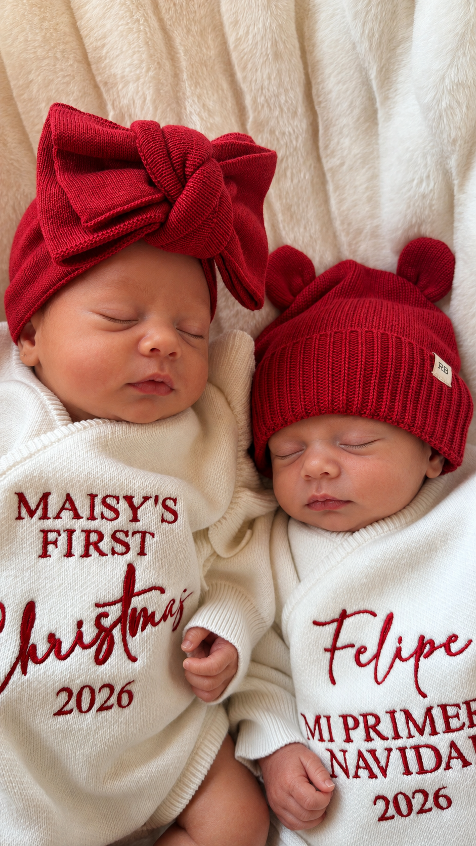 Sleeping newborns in red Christmas knitwear with personalized name embroidery