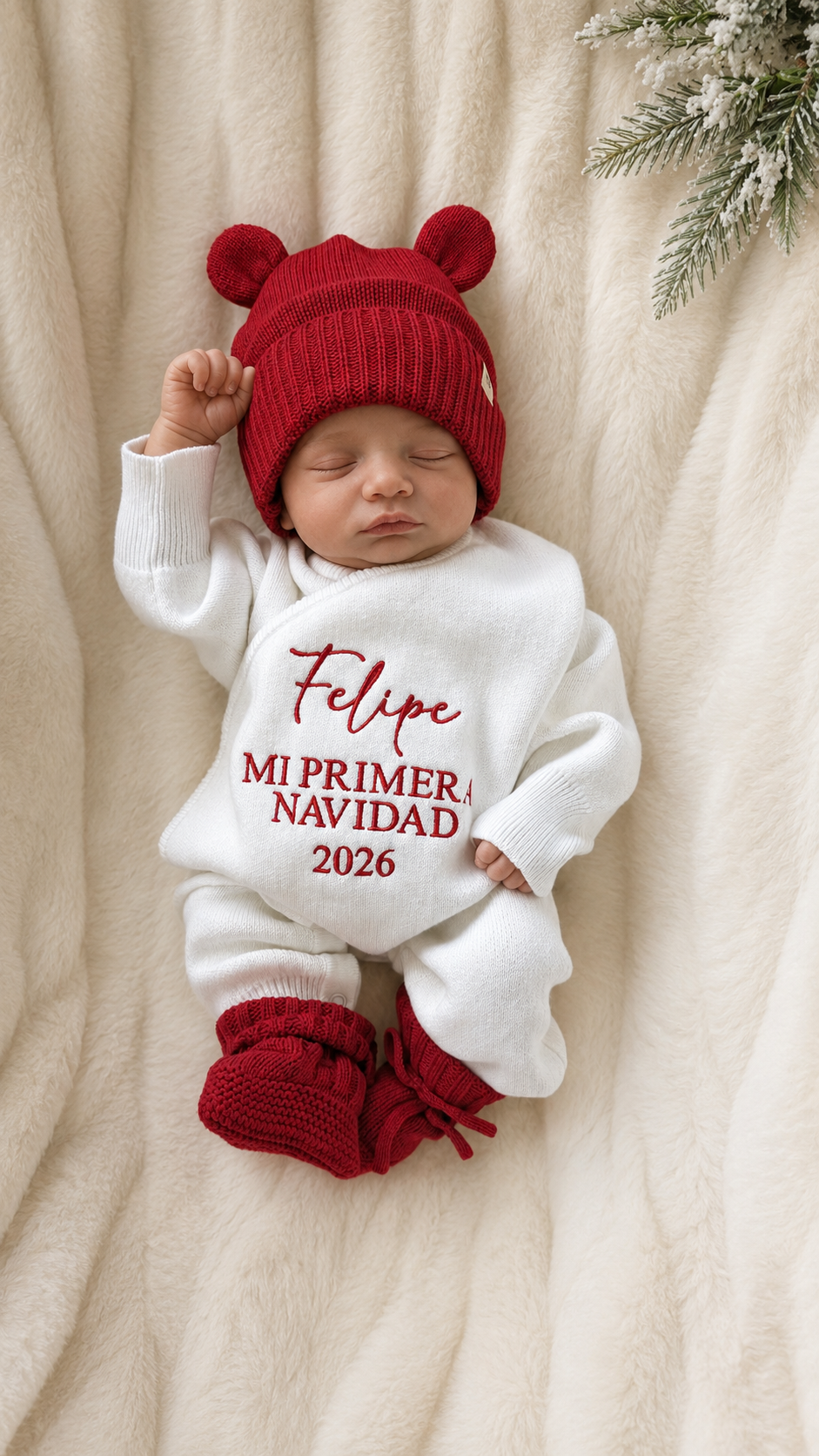 Sleeping newborn in a personalized Christmas romper with holiday knit styling
