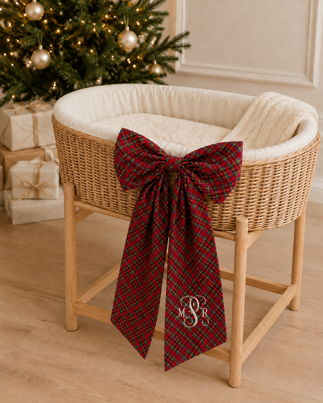 Plaid tartan bow sash styled on a moses basket for a newborn Christmas photo