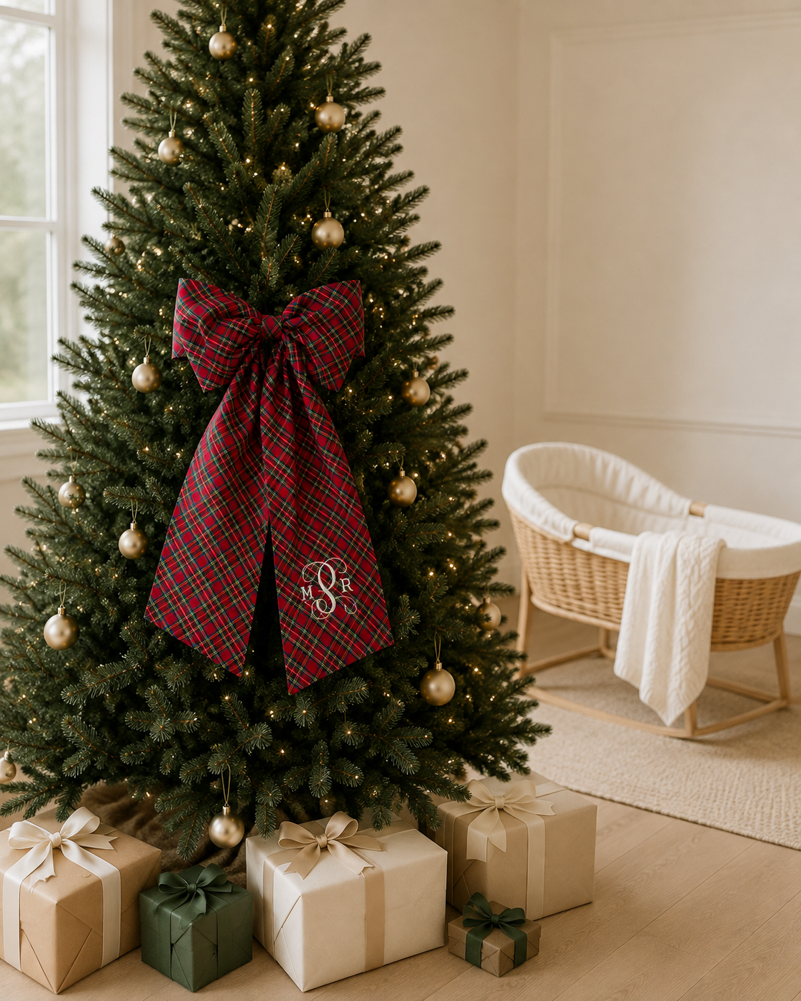 Monogrammed newborn sash in red plaid tartan fabric for Christmas photos