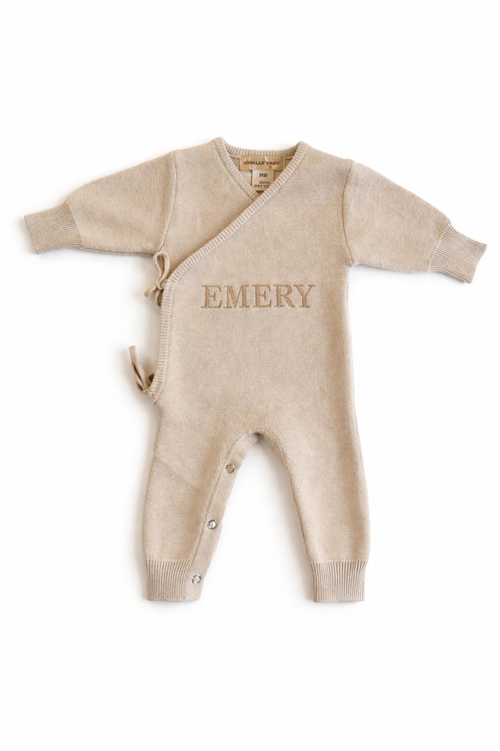 Classic knit wrap romper in soft khaki with personalized embroidery, front view on white background