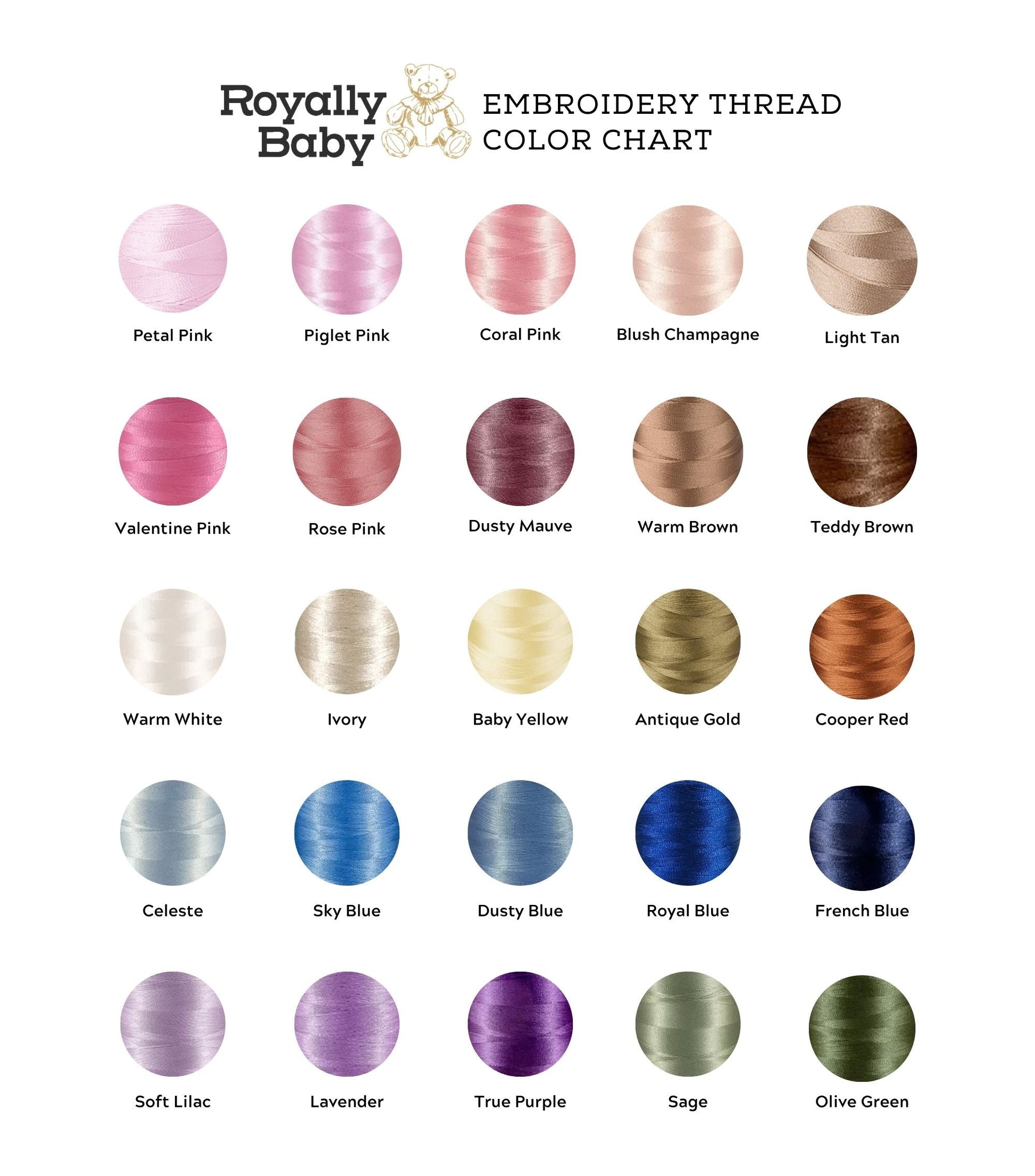 Royally Baby embroidery thread color chart with pink, champagne, blue, green, purple, and metallic thread options for personalization