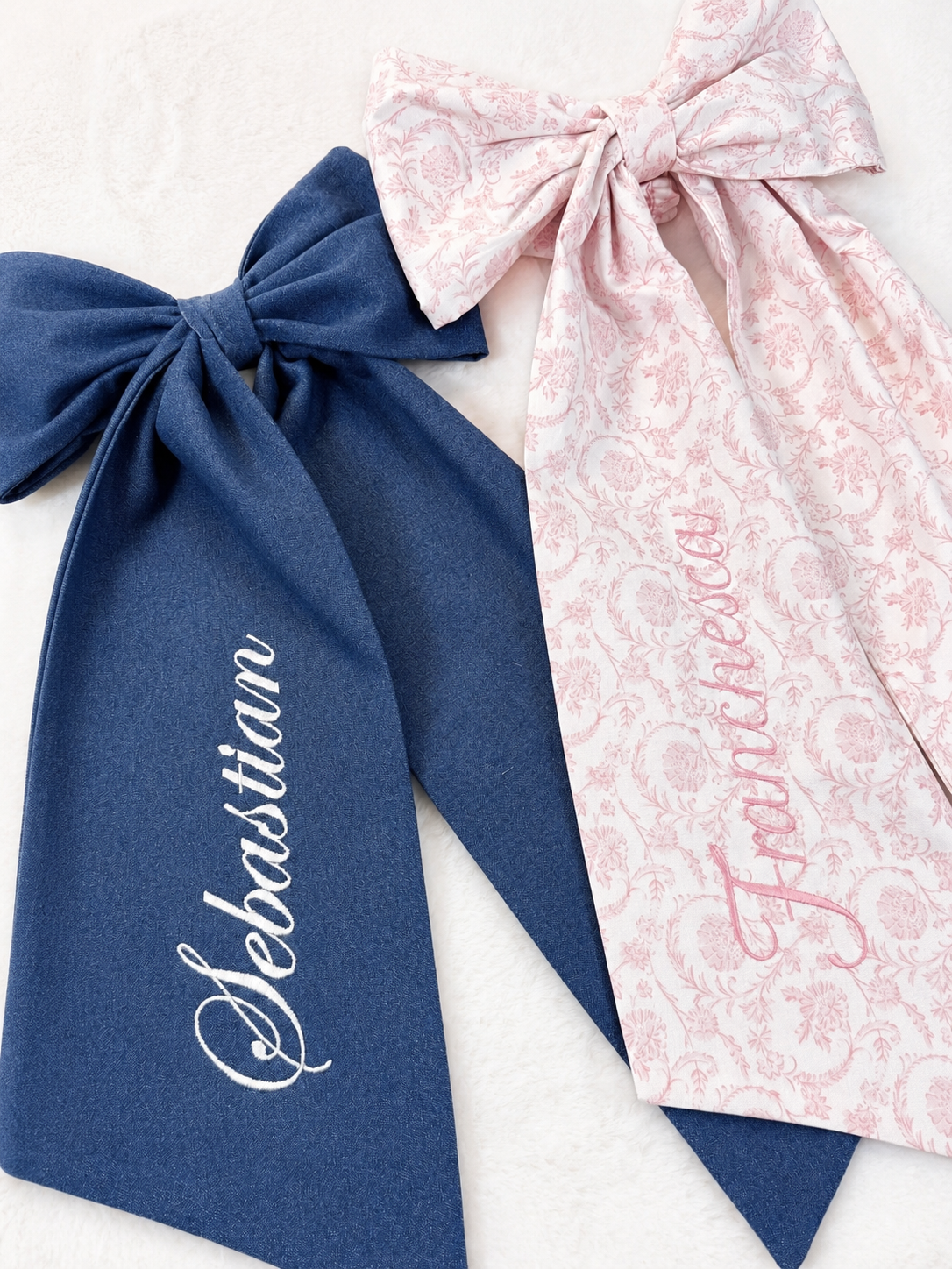 Full Name Newborn bow sash flat lay showing fabric and embroidered name detail