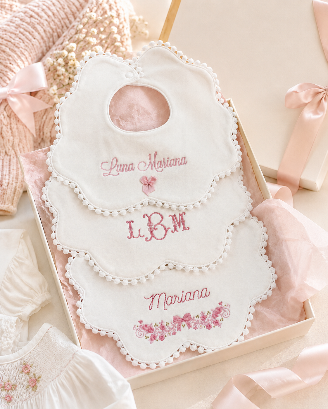 Close-up of embroidered monogram detail on baby girl bib