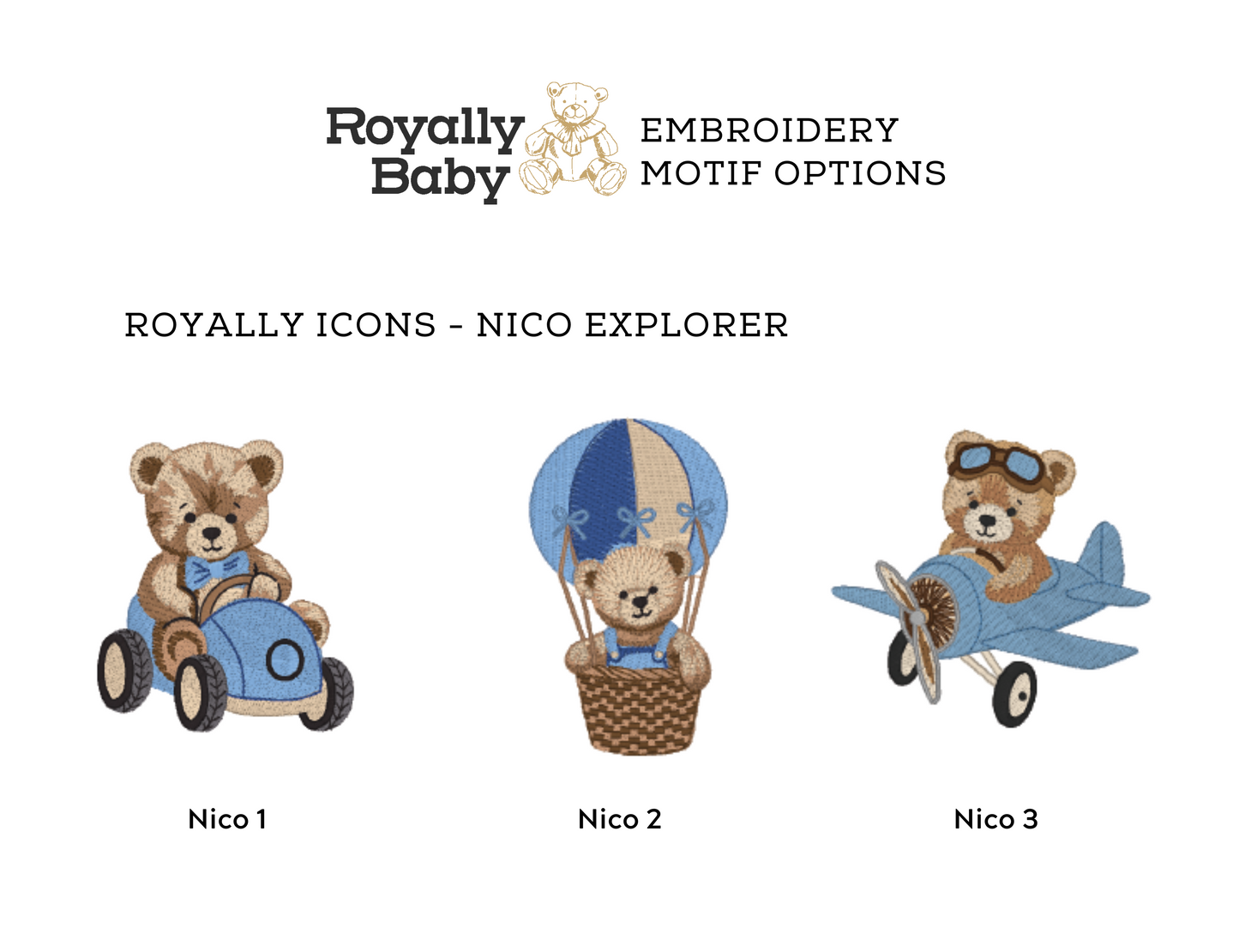 Royally Baby Nico embroidery chart showing available icon and thread options