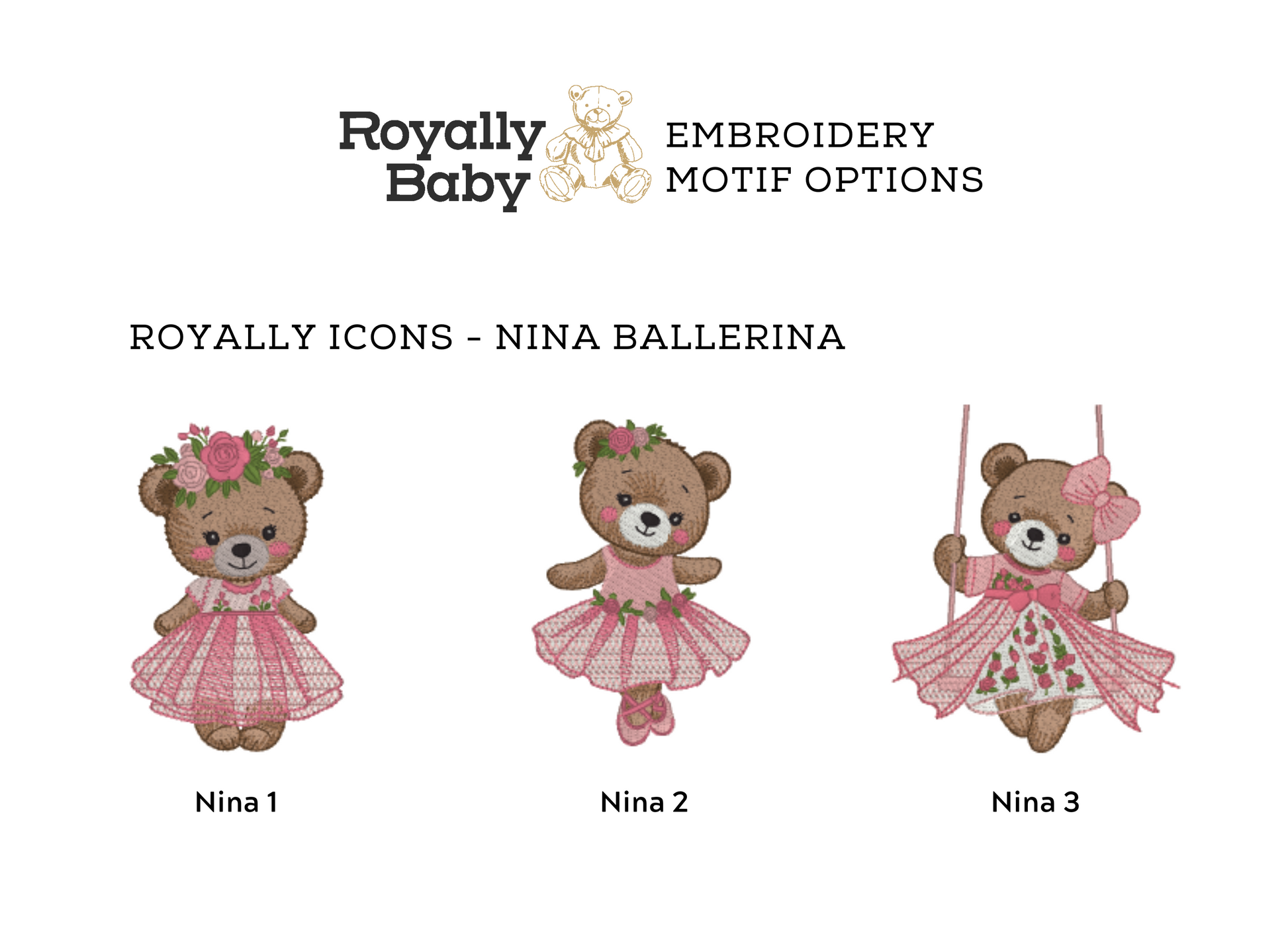 Royally Baby Nina embroidery chart showing available icon and thread options
