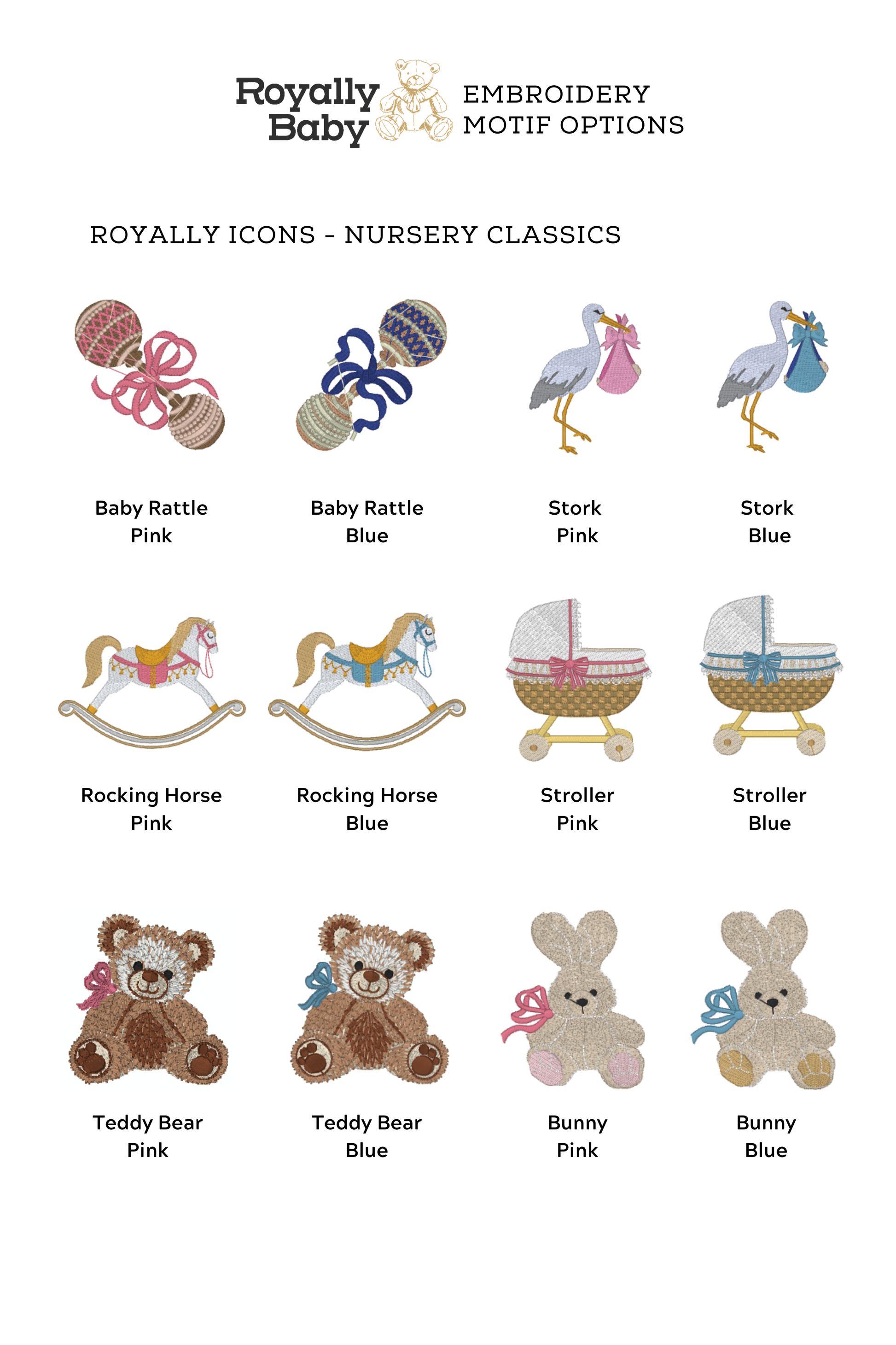 Collection of custom embroidered baby icons with labels for Royally Baby brand.