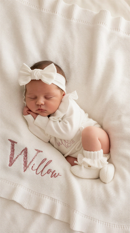 Newborn baby wearing soft ivory wrap romper set with bow and booties on personalized knit blanket