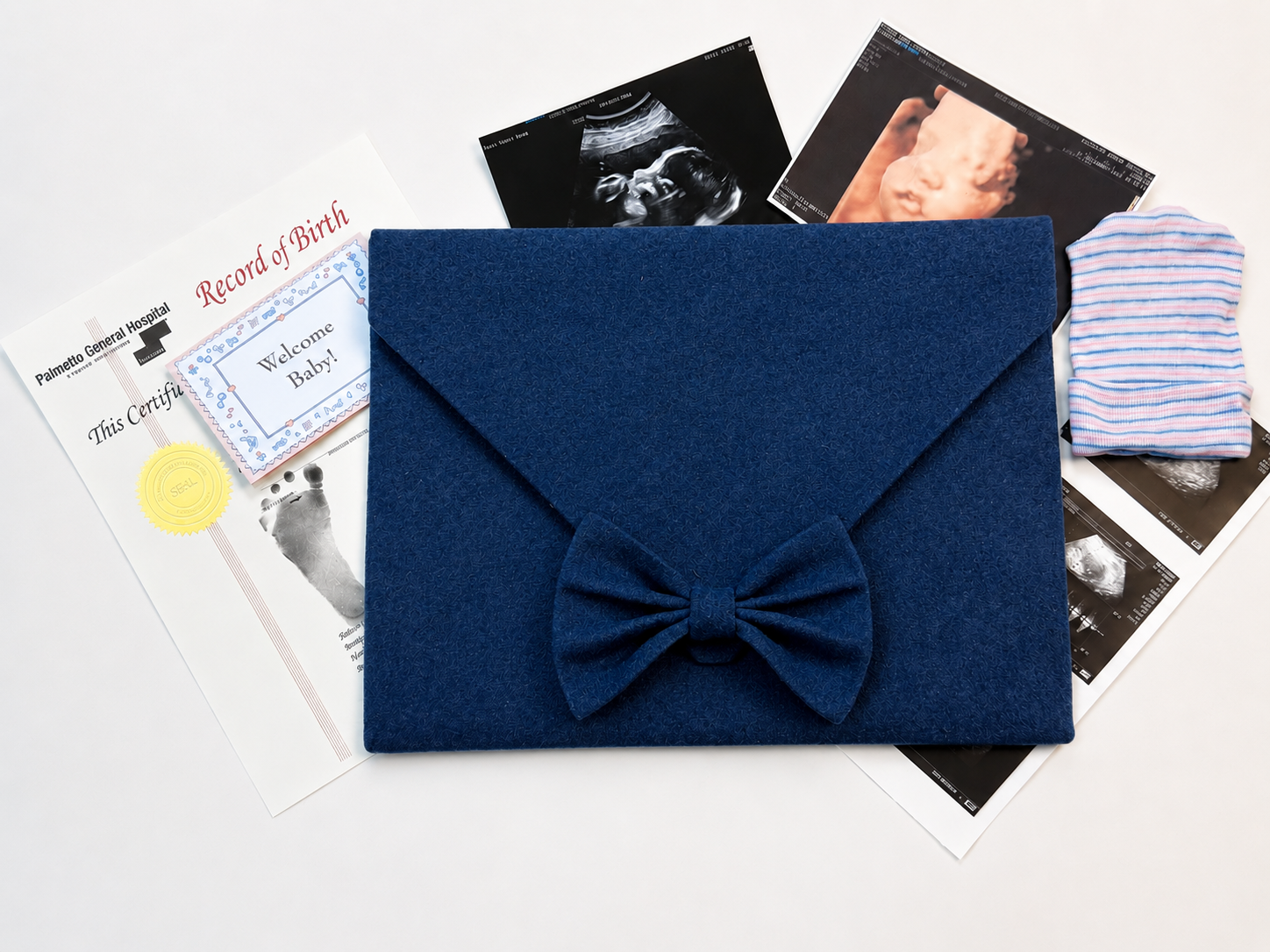 Personalized keepsake envelope styled with baby milestone cards