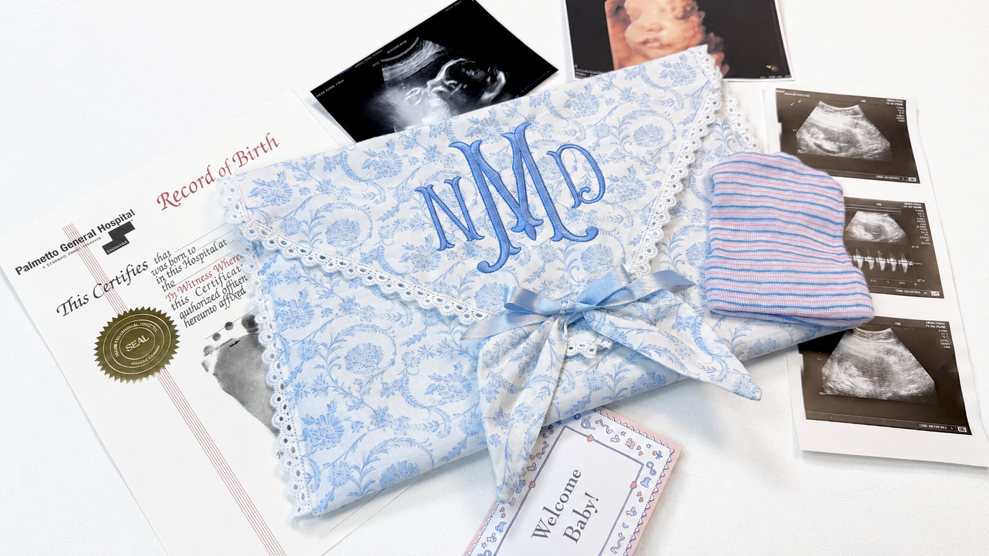 First Moments Keepsake Envelope in fabric pattern, flat lay view