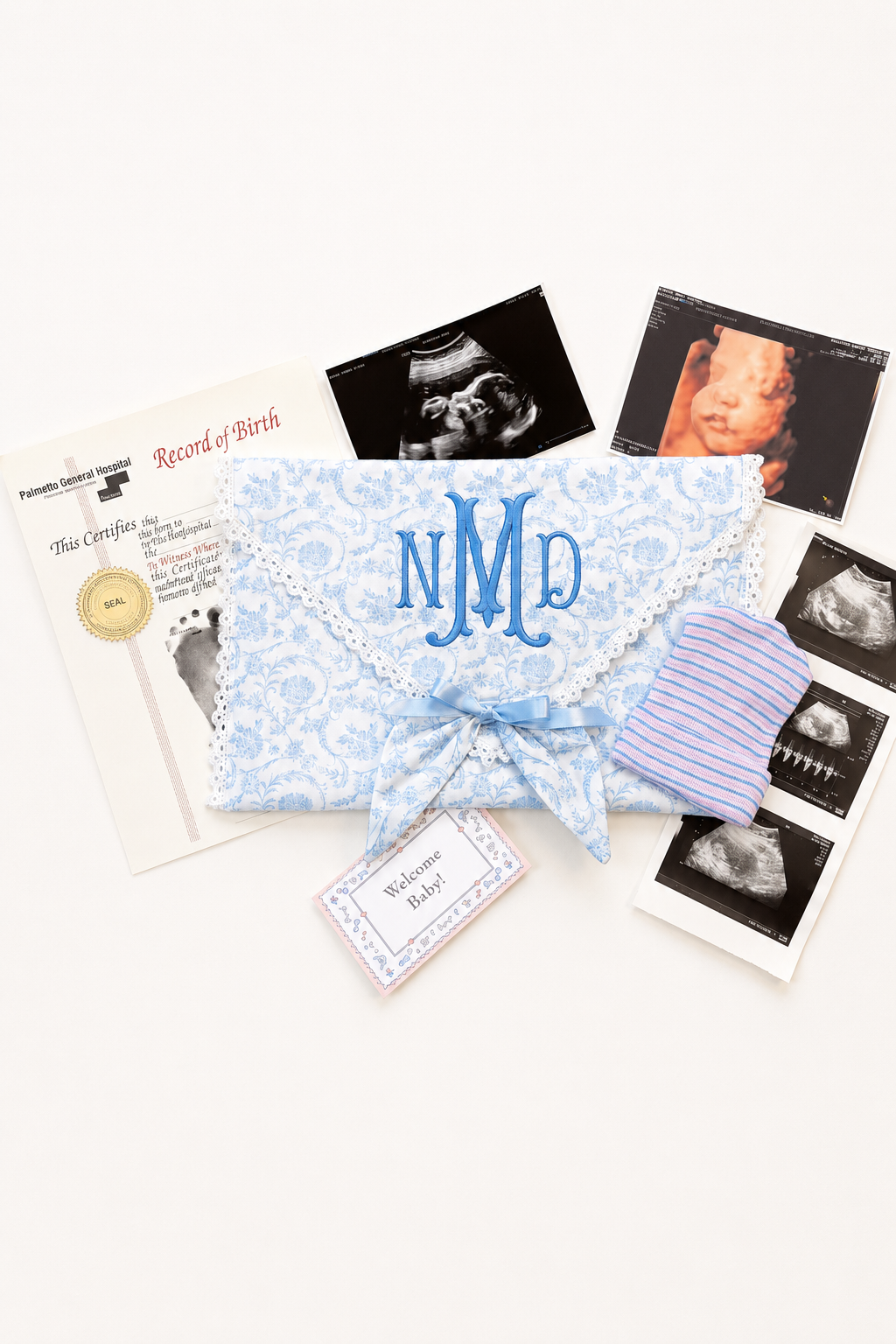 Personalized baby keepsake envelope styled for nursery display