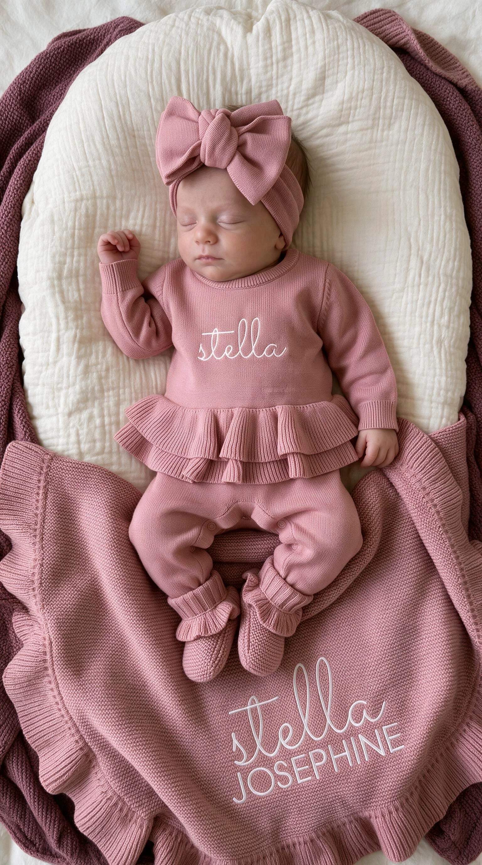 Newborn wearing the personalized Dusty Mauve Ballerina long romper beside a matching ruffle blanket embroidered with Stella Josephine.