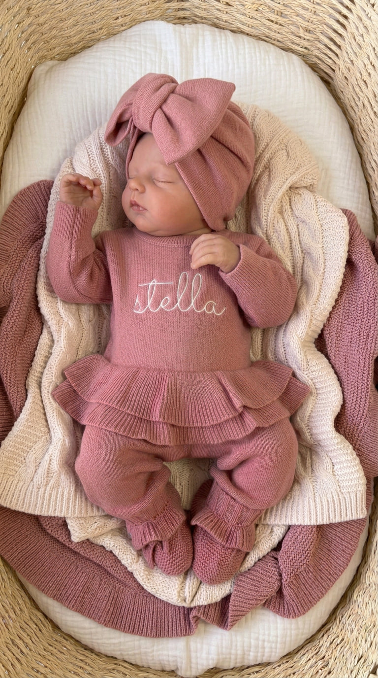 Sleeping newborn wearing the personalized Dusty Mauve Ballerina long romper with oversized bow and ruffle booties in a woven bassinet.