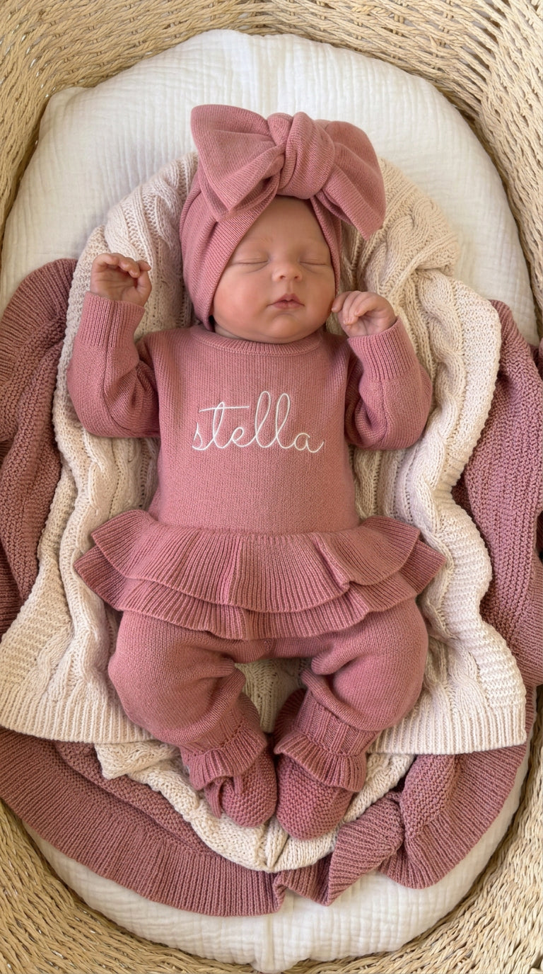 Overhead view of a newborn wearing the personalized Dusty Mauve Ballerina long romper set with matching bow and ruffle booties.