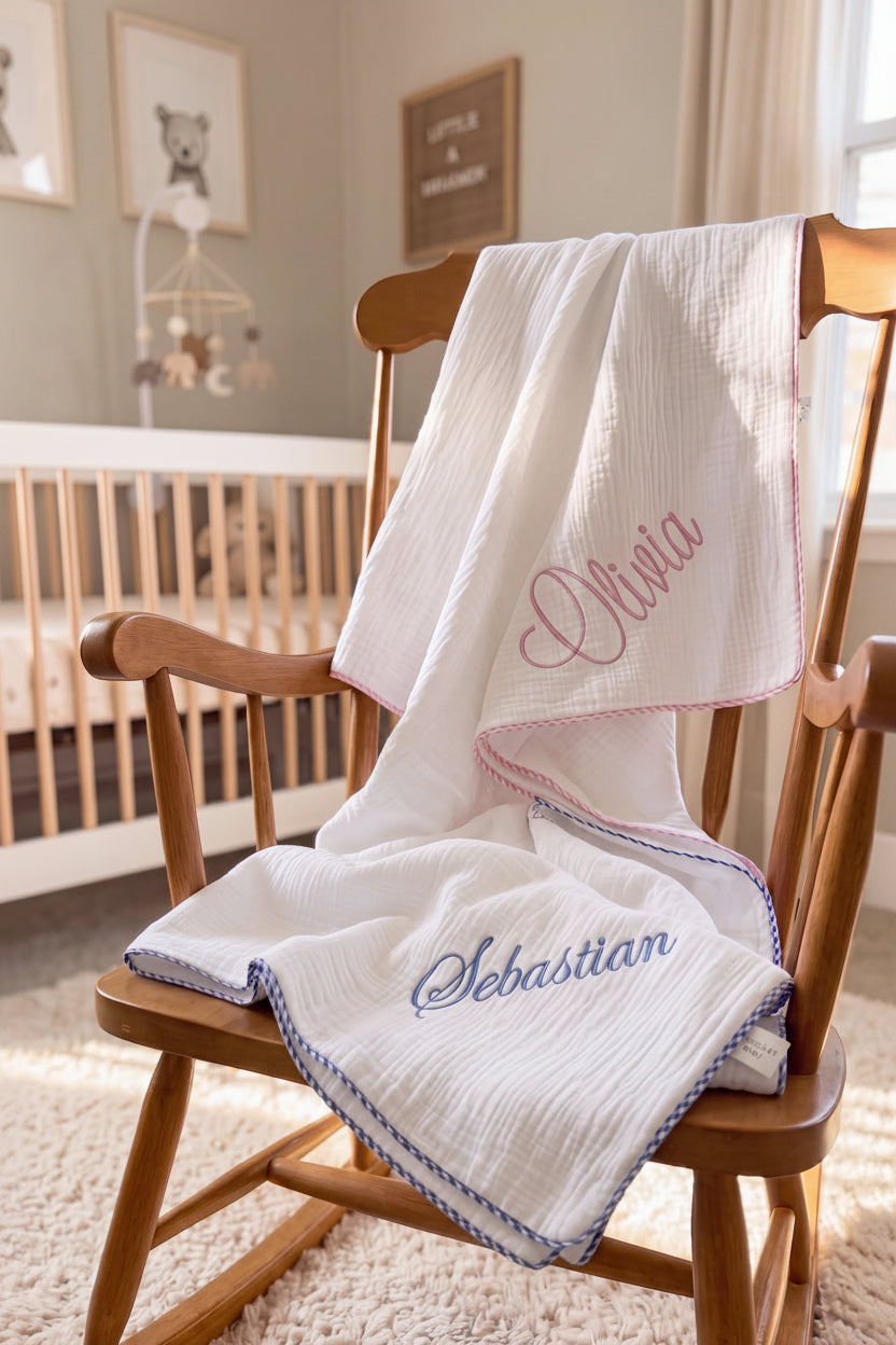 Muslin Gingham Trim Blanket in pink, custom embroidered with baby's name