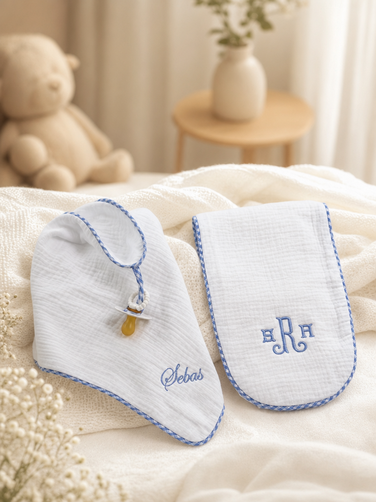 Muslin Pacifier Lovey & Burp Cloth 2-Piece Set in blue gingham trim