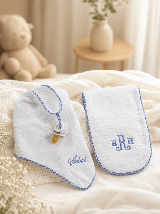 Muslin Pacifier Lovey & Burp Cloth 2-Piece Set in blue gingham trim