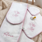 Embroidered muslin pacifier lovey detail from 2-piece pink gingham set