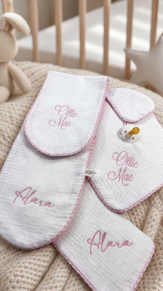 Embroidered muslin pacifier lovey detail from 2-piece pink gingham set