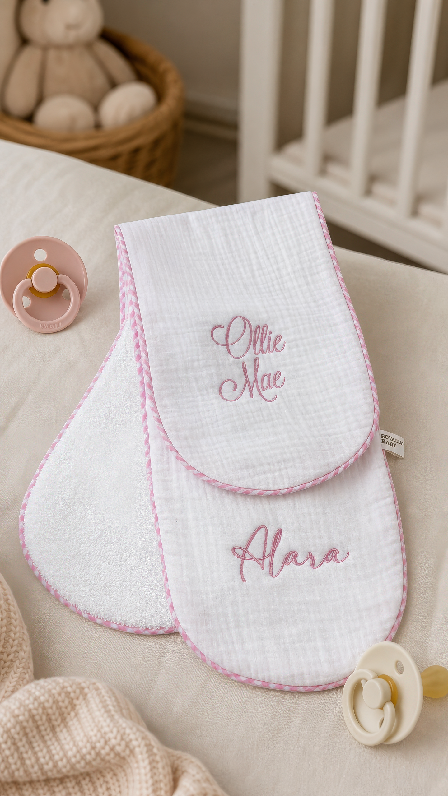 Muslin burp cloth detail from 2-piece pink gingham set
