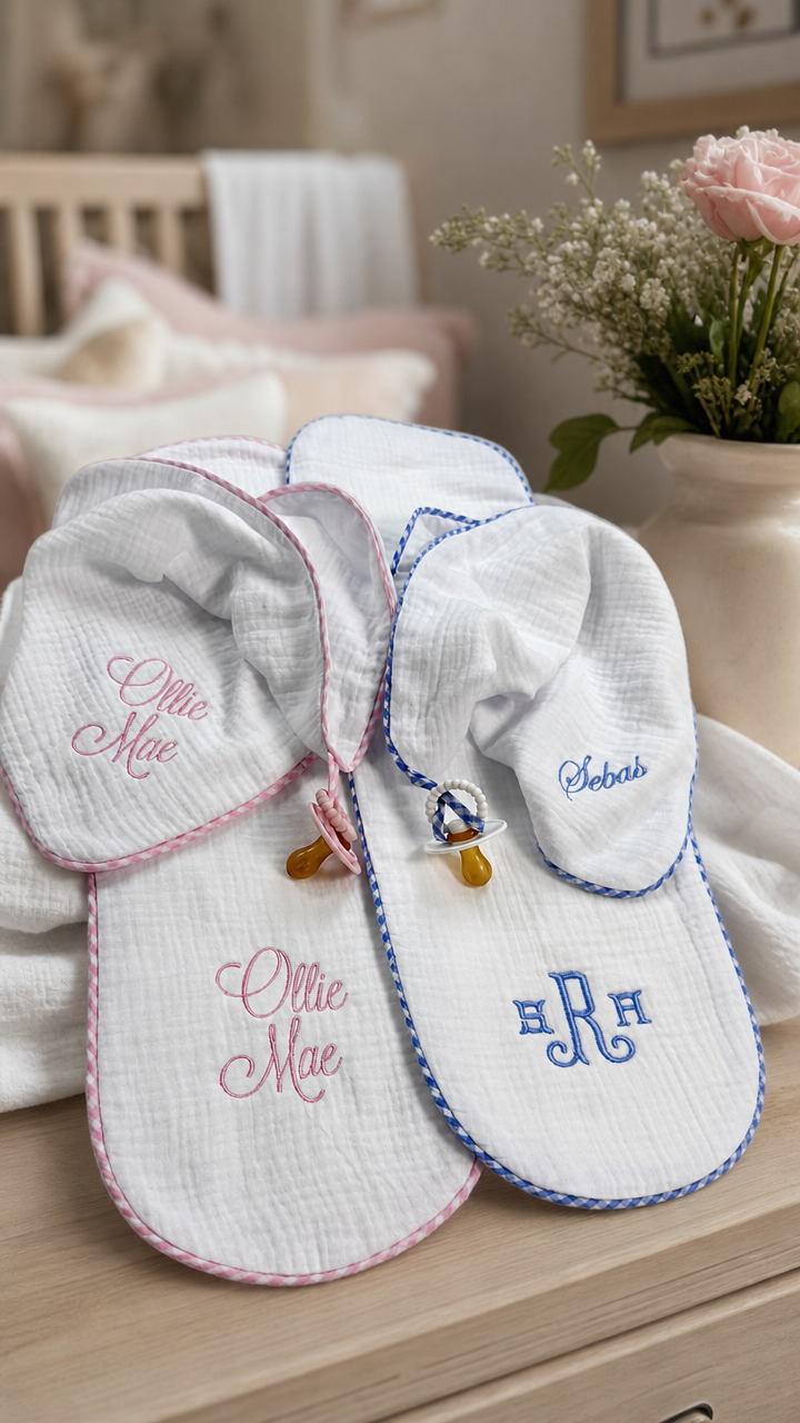 2-piece muslin lovey and burp cloth set in pink gingham, flat lay