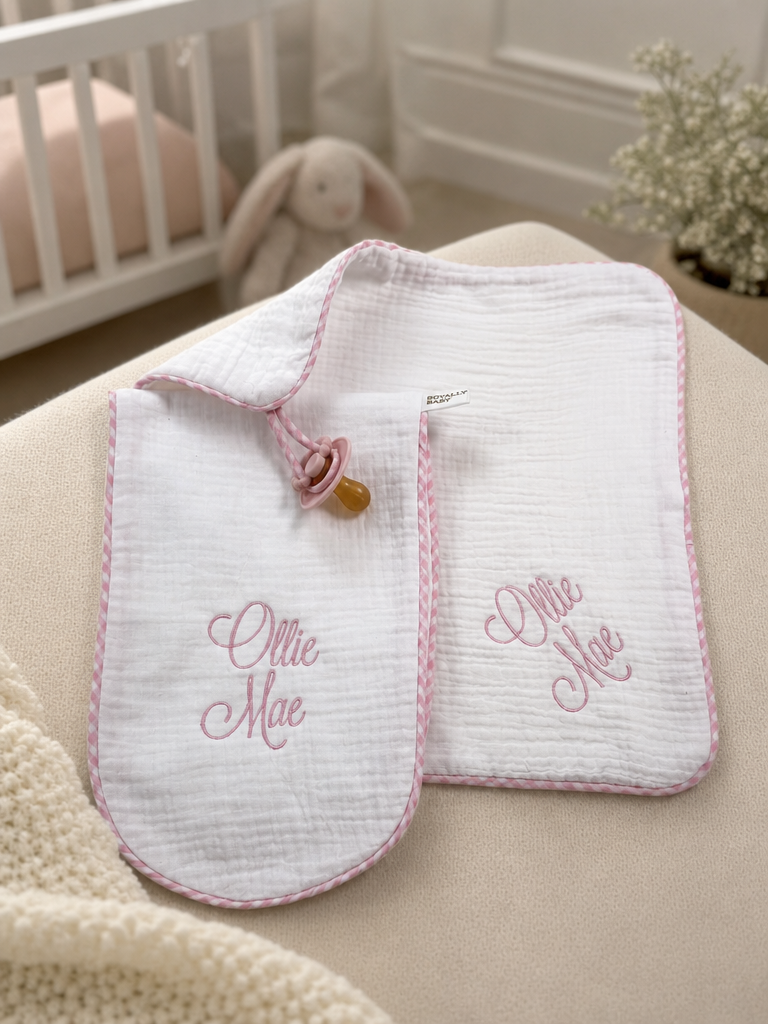 Muslin Pacifier Lovey & Burp Cloth 2-Piece Set in pink gingham trim