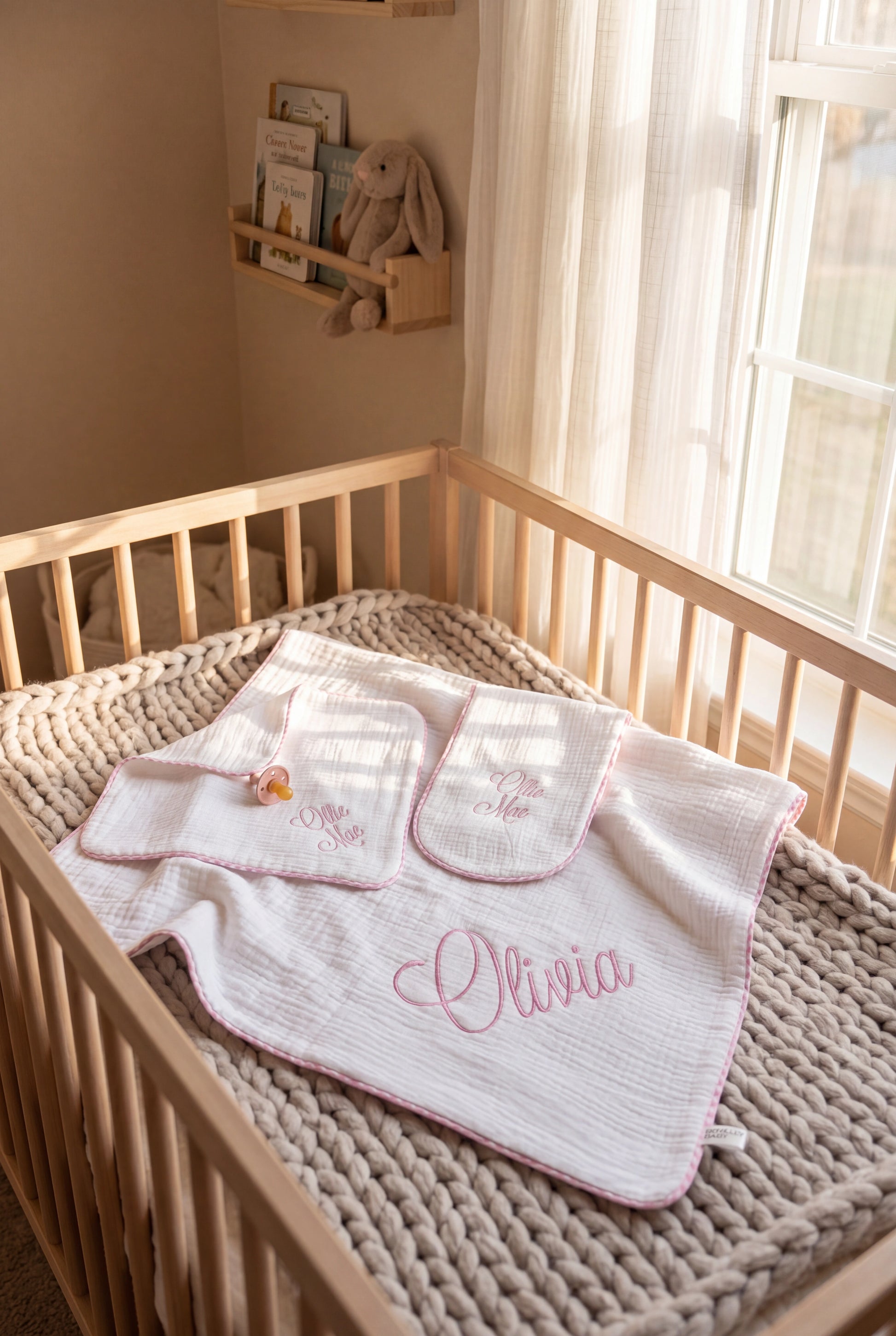 Muslin blanket detail from 3-piece pink gingham comfort set
